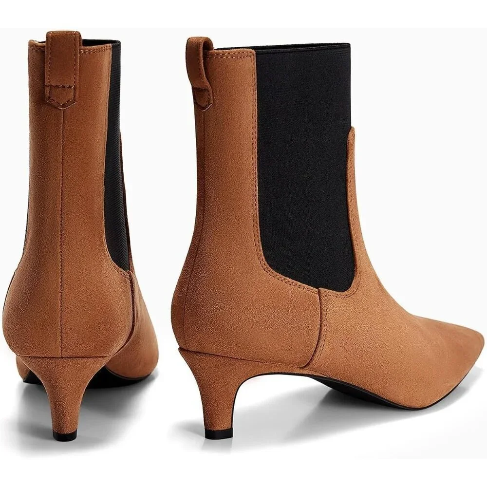 Women's Brown Ankle Low Kitten Heel Pointed Toe Slip On Dressy Winter Booties